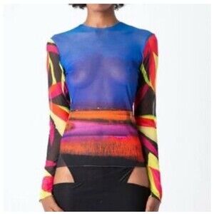 LOUISA BALLOU Graphic Print Mesh Top XL Multicolor NEW Edgy Streetwear Abstract
